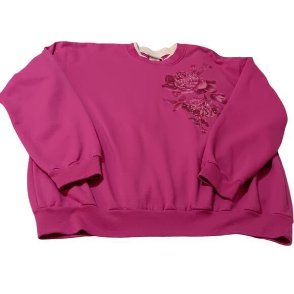 VINTAGE Sweatshirt Pink Size XL Flowers Roses Sparkle Beading Long‎ Sleeves - Picture 8 of 10